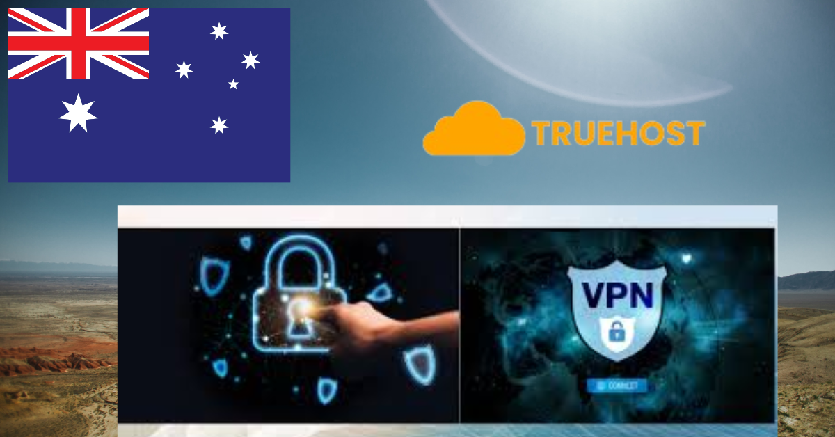 Australian flag, vpn on a shield and a closed padlock