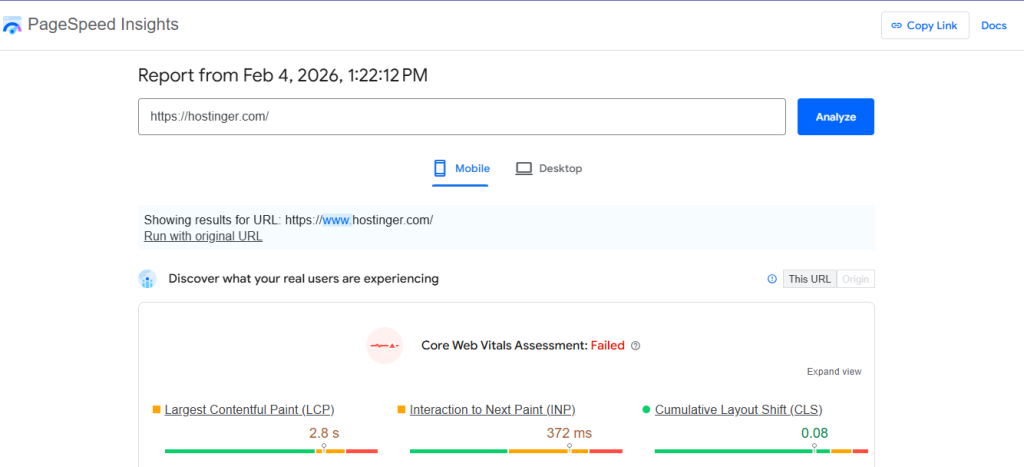 Hostinger page speed