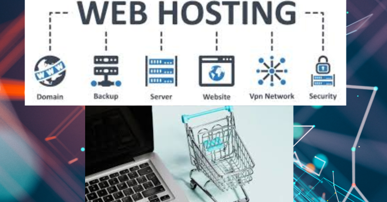 small shopping cart on a laptop and web hosting poster